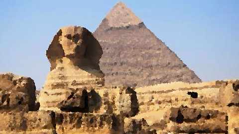 The Sphinx in front of the great Khafre Pyramid.