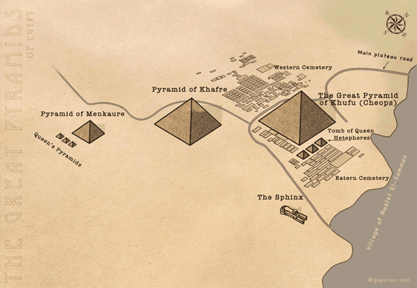A site map of the Great Pyramids complex in Giza, Egypt.