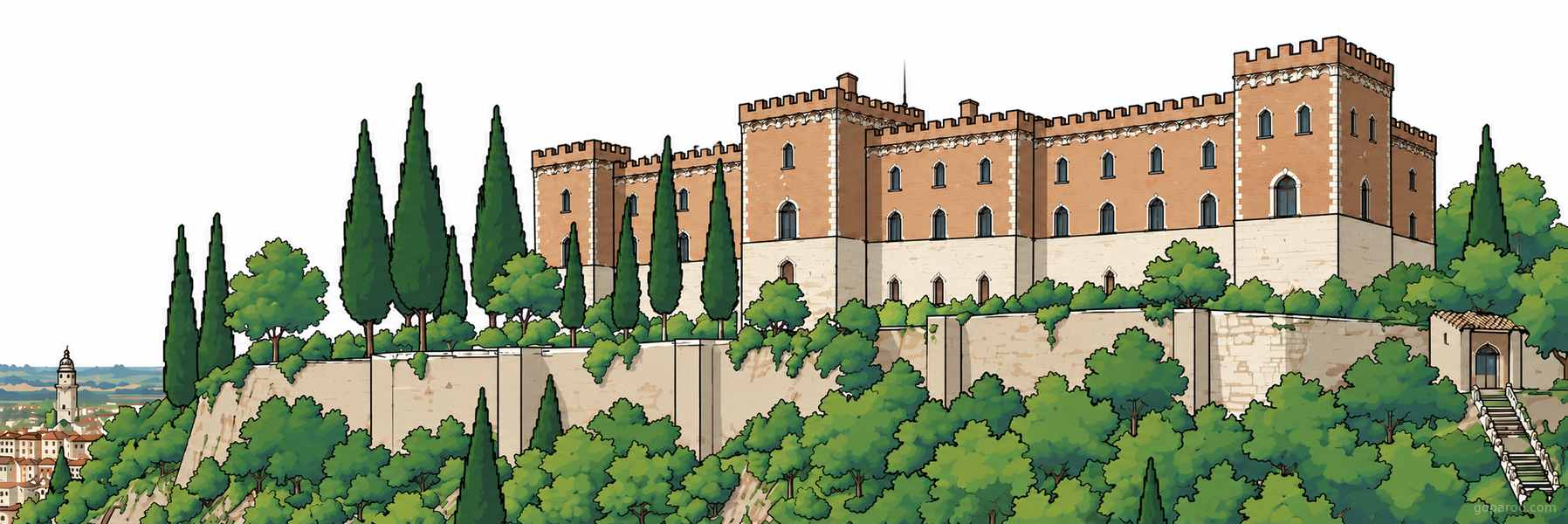 Stylized illustration of Castel San Pietro in Verona - Goparoo