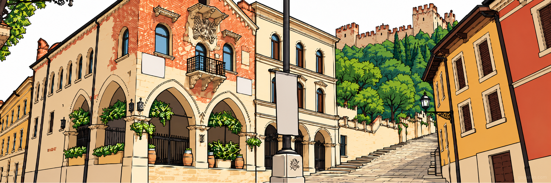 Stylized illustration of Palazzo di Giustizia in Soave - Goparoo
