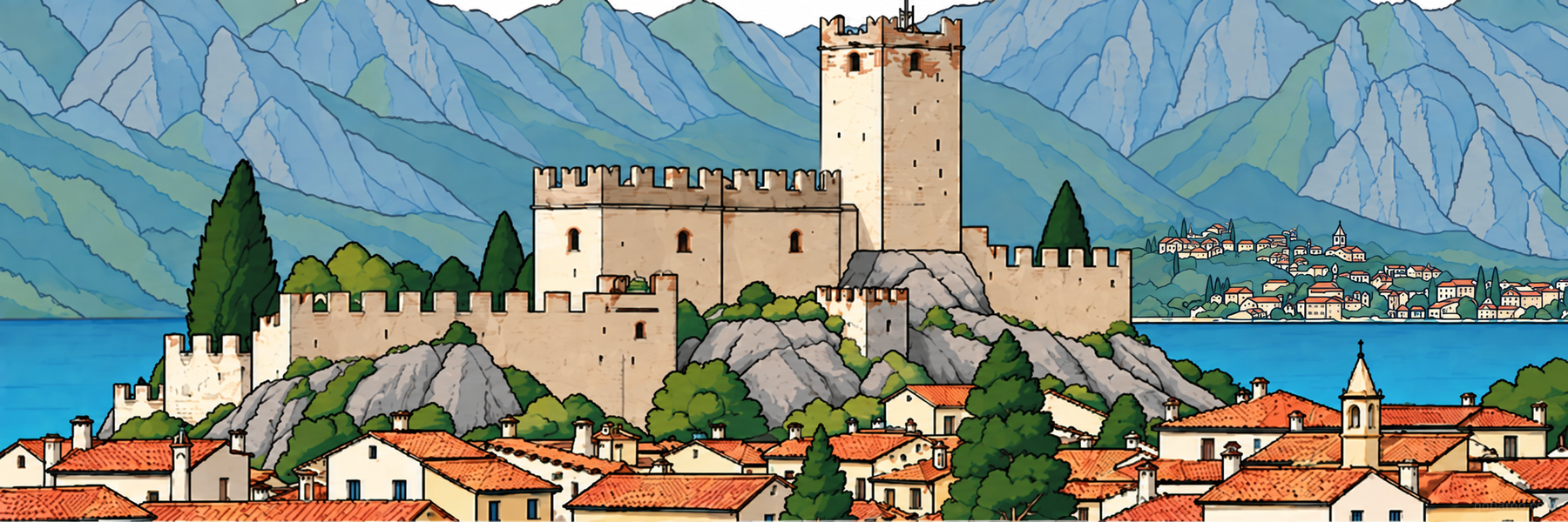 Illustrazione stilizzata di Castello Scaligero di Malcesine in La Riviera degli Olivi - Goparoo