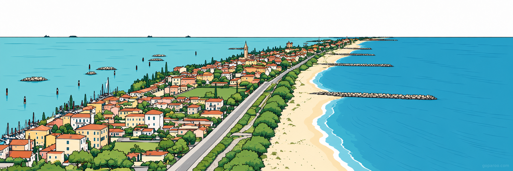Stylized illustration of Pellestrina in Venice - Goparoo