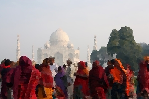A colorful crowd at the Taj Mahal in India.