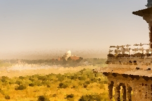 A distant perspective of the Taj Mahal Mausoleum in India.