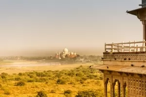 A distant perspective of the Taj Mahal Mausoleum in India.