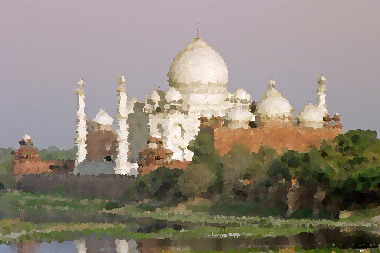 View of the Taj Mahal by the Yamuna river in Agra, India