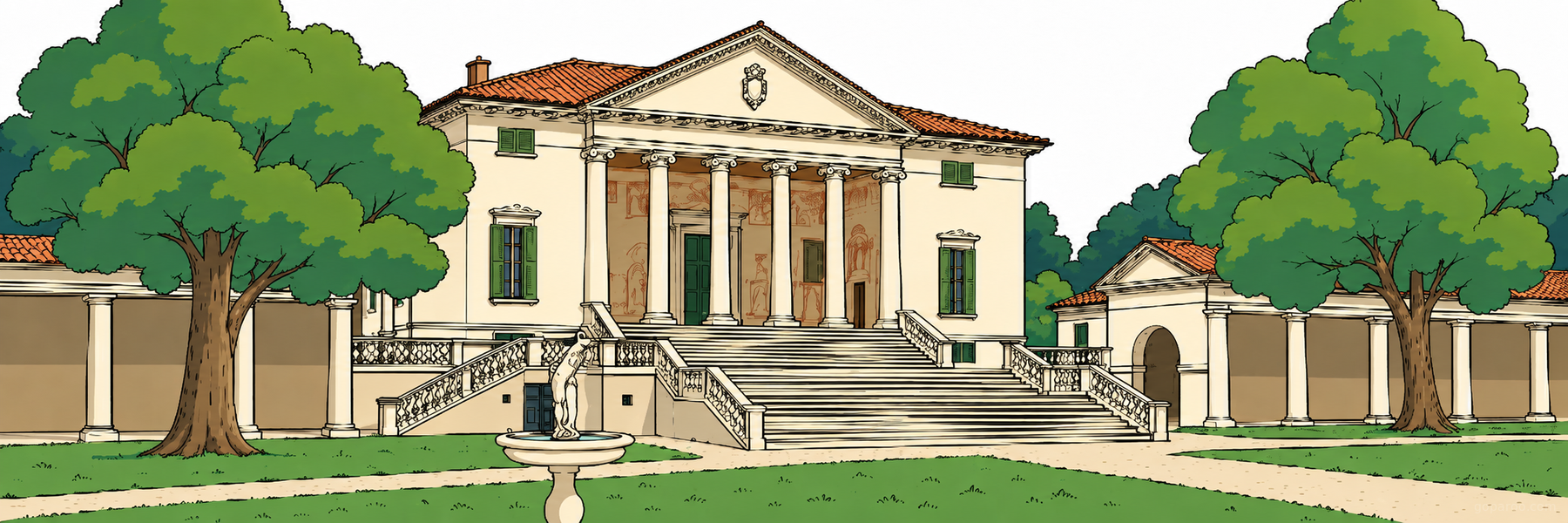 Stylized illustration of Villa Badoer in Veneto - Goparoo