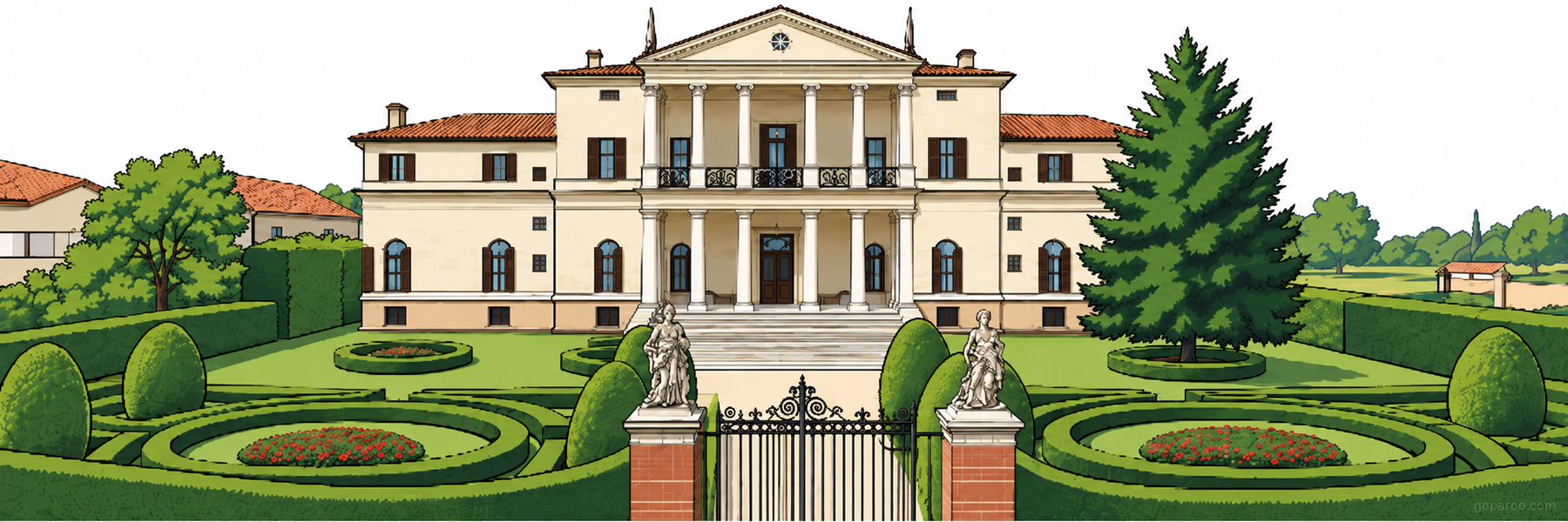 Stylized illustration of Villa Cornaro in Veneto - Goparoo
