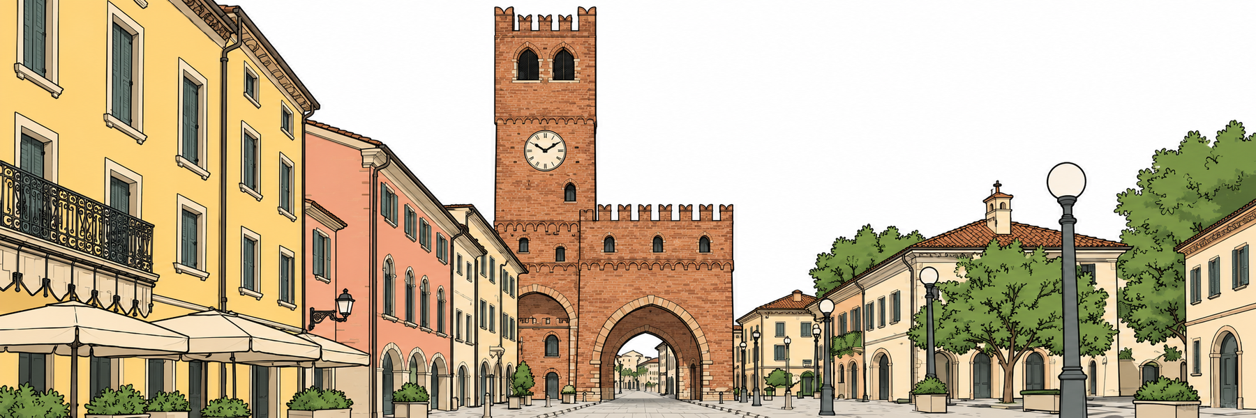 Stylized illustration of Torre dell’Orologio in Noale - Goparoo