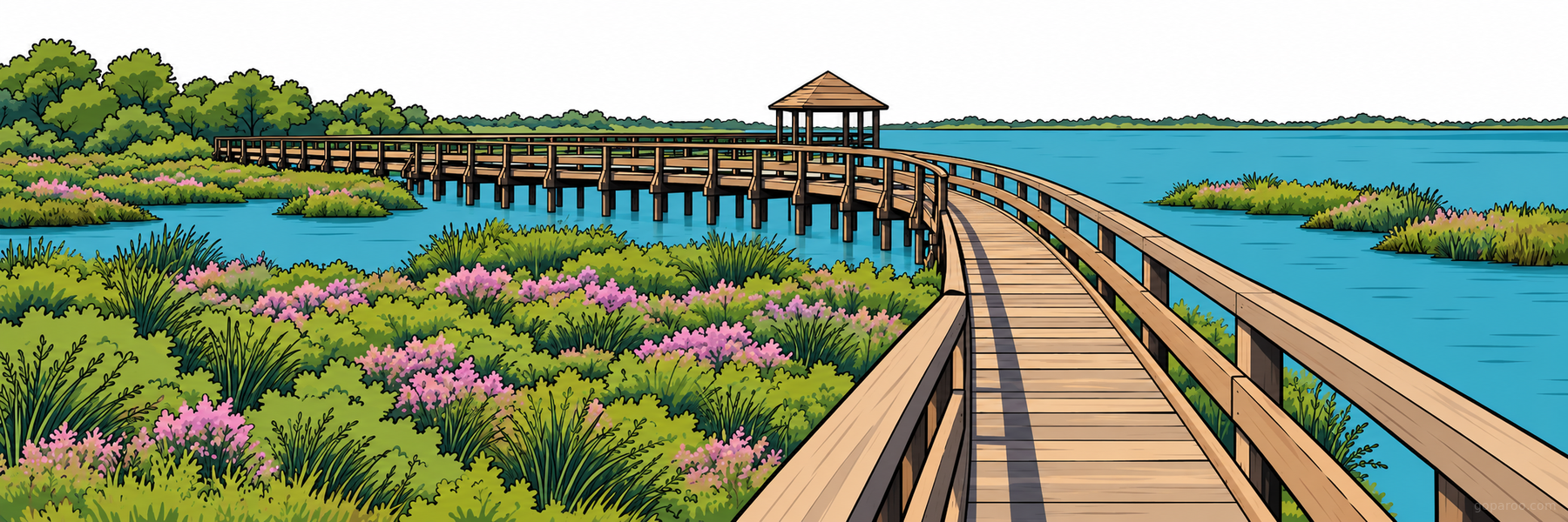 Stylized illustration of Porto Caleri Coastal Botanical Garden in The Po River Delta - Goparoo