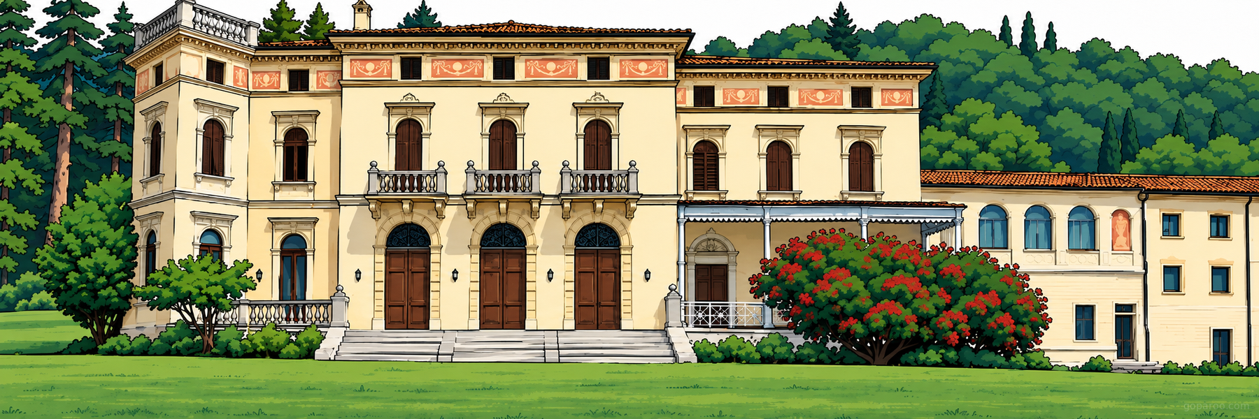 Stylized illustration of Villa dei Cedri in Valdobbiadene - Goparoo