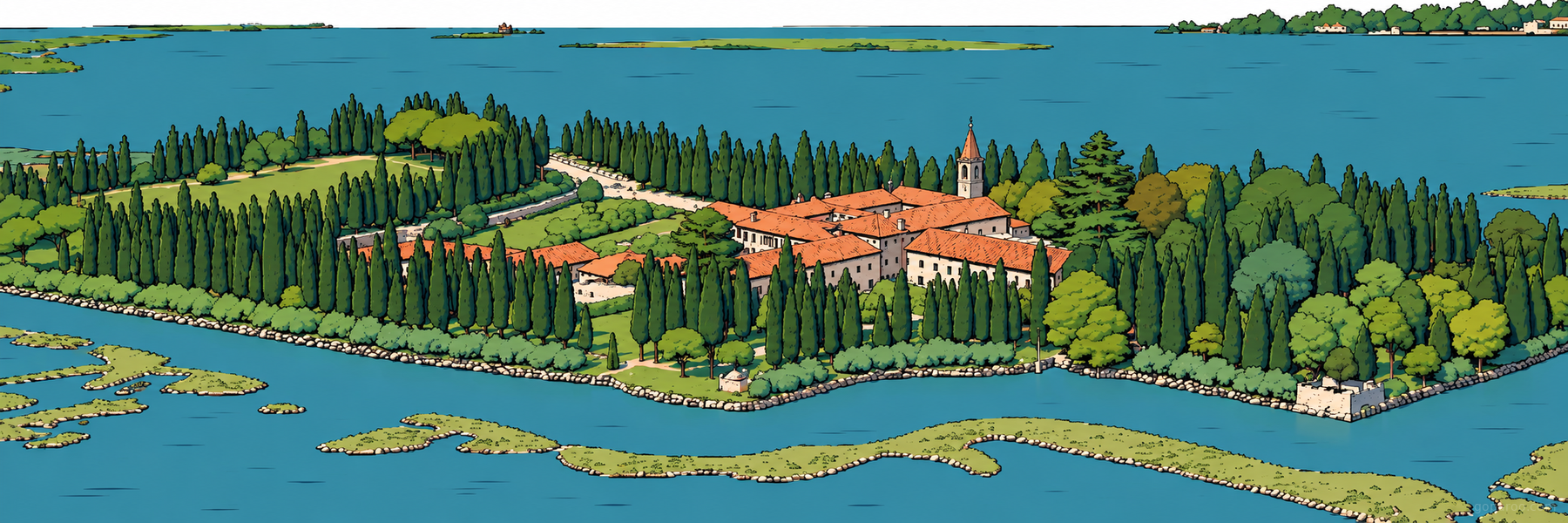 Stylized illustration of San Francesco del Deserto in Venice - Goparoo