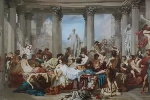 Les romains de la decadence painting by Thomas Couture in the Musée d'Orsay.