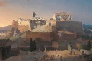 A painting, by Leo von Klenze in 1846, depicting a beautifully restored Acropolis in Athens.