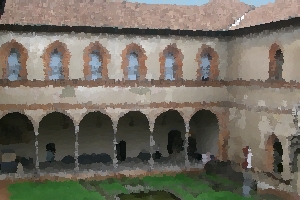 The Duke's courtyard within the Castello Sforzesco ramparts.