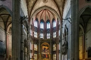 The interior of the Santa Maria Gloriosa dei Frari church in Venice, Italy.
