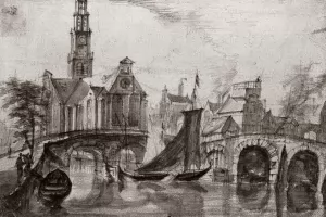 A historical depiction of the Westerkerk Church in Amsterdam.