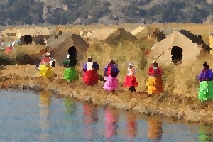 Colorfully dressed women by Lake Titicaca.